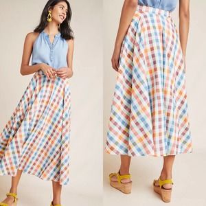 MAEVE Anthropologie Plaid Skirt Evelyn Cotton Linen Midi Checkered 6